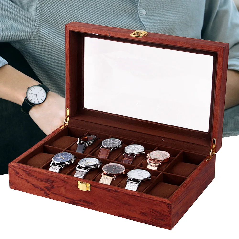 Wooden Watch Box Glass Top Vintage Jewelry Storage Box Display Stand with 10/12 Slots