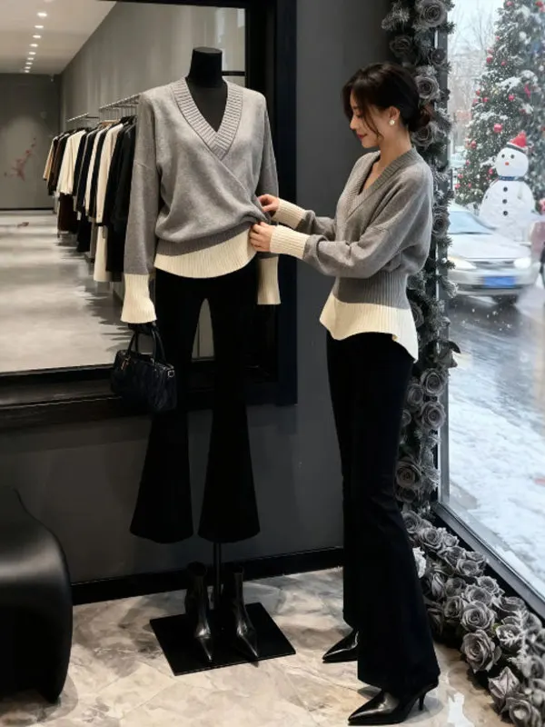 

Корейский мягкий и уютный вязаный свитер для женщин с завышенной талией, красивый зимний модный топ с V-образным вырезом, длинный рукав, цветной