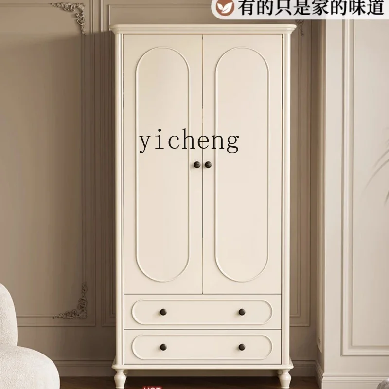 French Cream Style Wardrobe Bedroom Storage Locker Household White Solid Wood Two Door Wardrobe with Drawer
