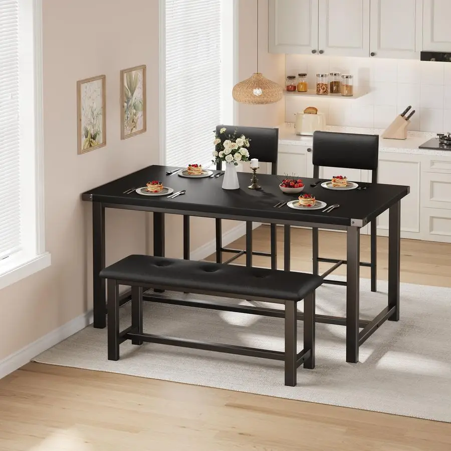Conjunto de mesa de jantar de madeira para 4, mesa de cozinha e 2 cadeiras estofadas com banco, conjunto de sala de jantar retangular, para espaços pequenos,