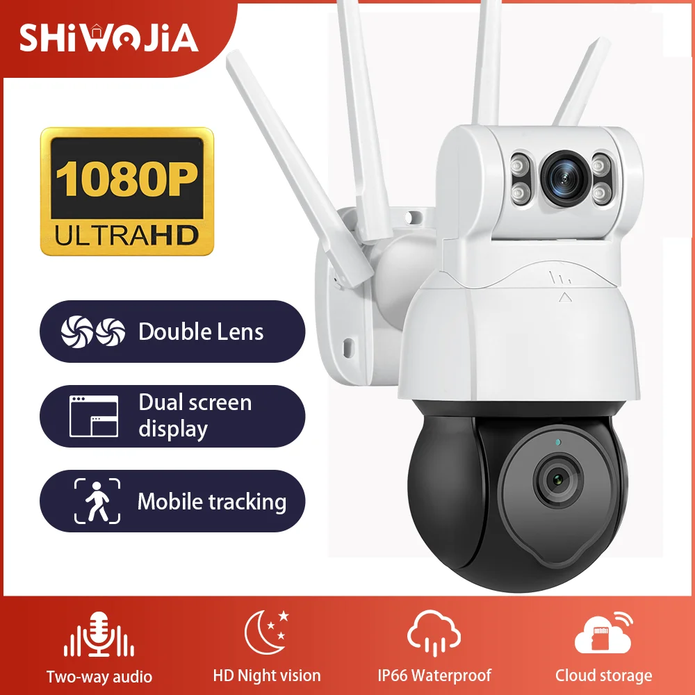 SHIWOJIA Outdoor Security PTZ Camera Dual Lens 1080P Mobile Tracking Weather Proof Two-way Talk the Dual Lens Surveillance Cam