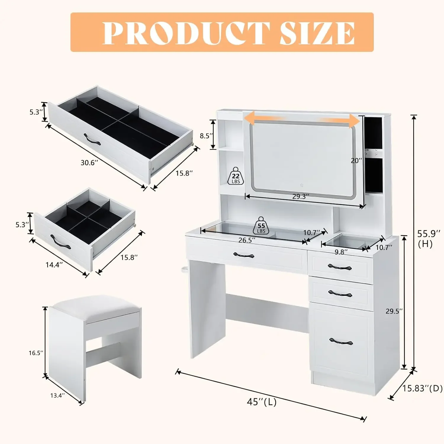 Makeup Vanity Table Set with Double Sliding & LED Lights Mirror, Large Vanity with Charging Station, Drawers & Multiple