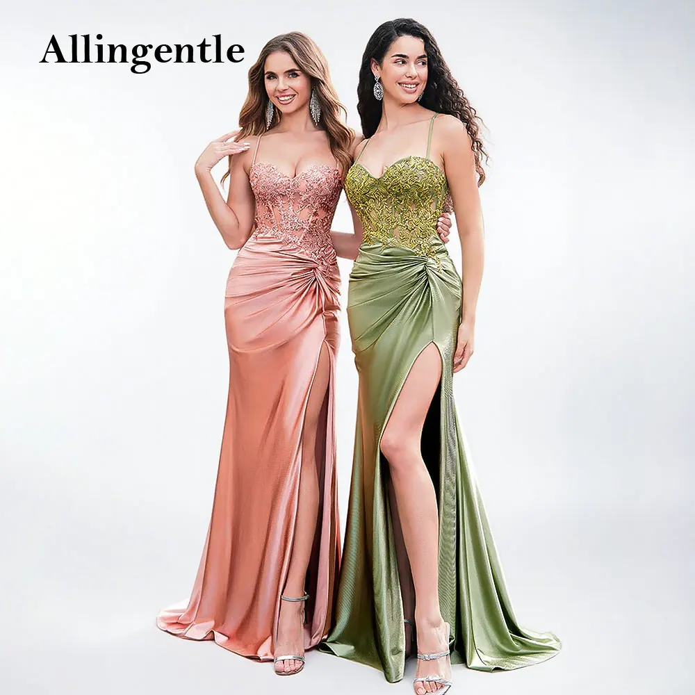 

Sexy High Slit Lace Prom Dresses Long Spaghetti Straps Mermaid Sweetheart Elegant Women Evening Party Gown Sage Green Customized