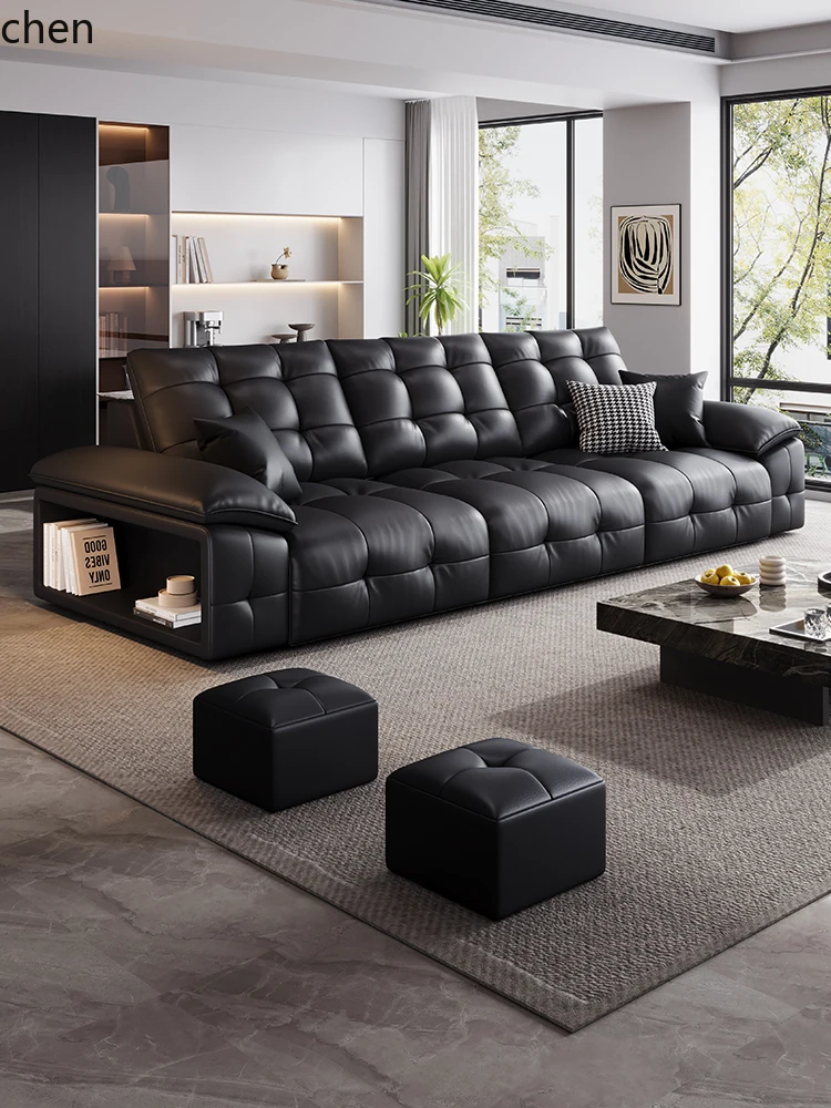 

modern simple multi-functional leather living room black pull point first layer cowhide retractable dual-purpose sofa bed
