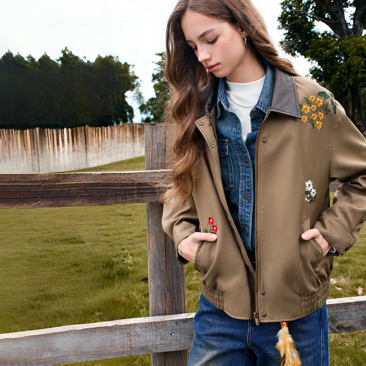 TOYOUTH Women Jacket 2026 Autumn New Floral Embroidery Faux Leather Patch Lapel Workwear Loose Outerwear