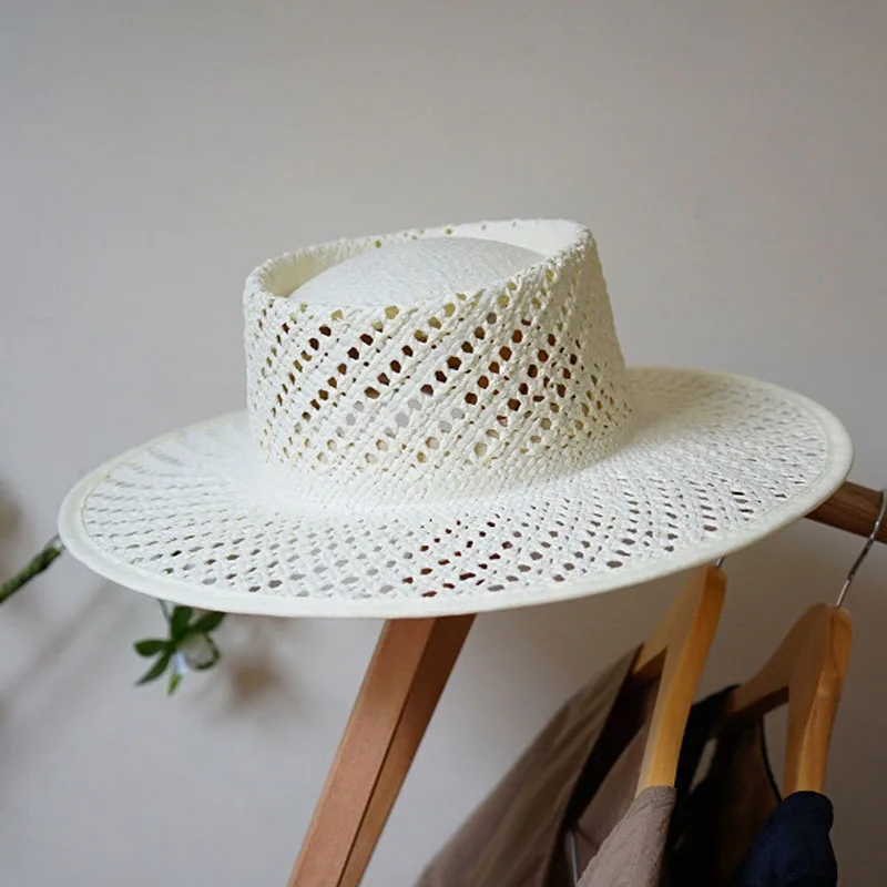 Handmade White Straw Hat Wide Brim Hollow Out Style Boater Hat  Min Wind Rop Summer Hat Women Beach Hat Party Holiday Travel Hat