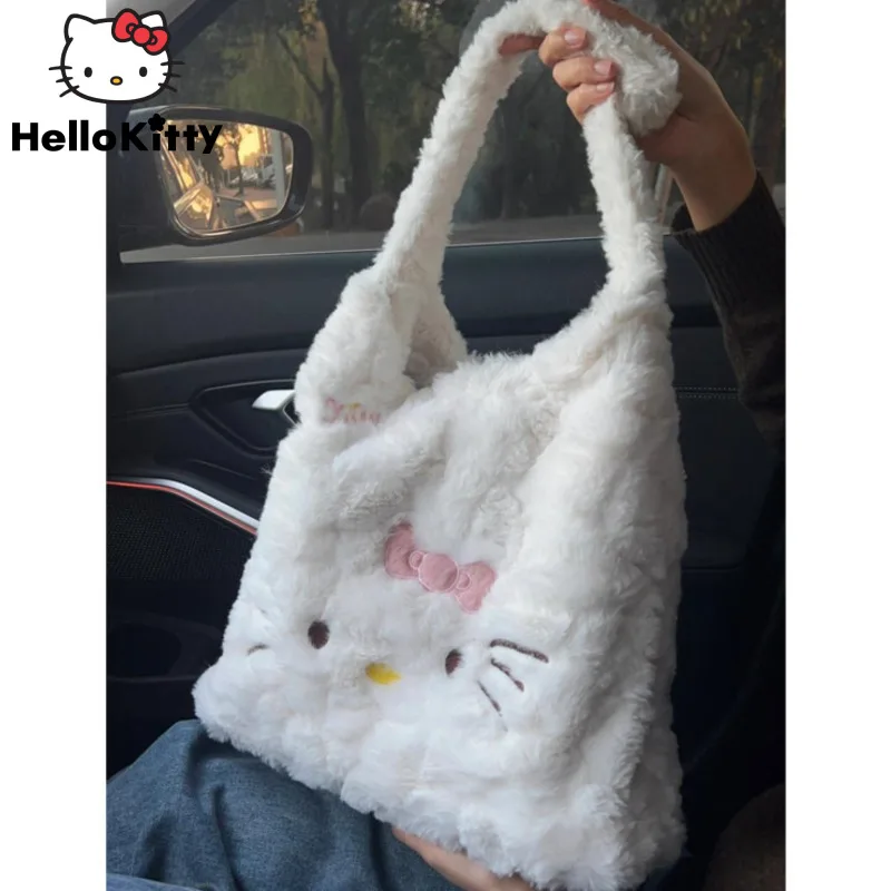 Sanrio Hello Kitty pluszowa duże torba z rączkami na co dzień miękka estetyczna biała torebka damska wszechstronna torba na ramię Y2k Girl Lolita