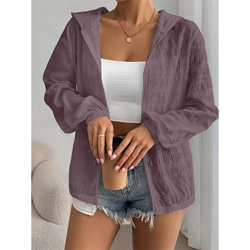 

Casual Women's Long Sve Zipper Hooded Sun Protection Outerwear Coat Top Ladies Loose Fit Polyester Nylon Cosite Fiber