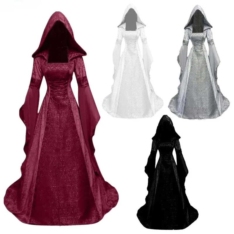 

Women Deluxe Witch Dress Medieval Renaissance Maxi Train Dress Halloween Devil Pagan Witch Wedding Cos Costume Hooded Gown Robe