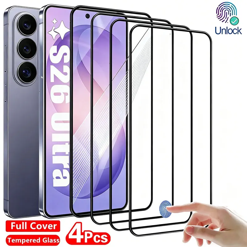 4 Stück Vollflächiges Entsperr-Glas für Samsung Galaxy S26 Ultra S23 S22 S21 Plus S24 S25 Ultra Edge Gehärtetes Glas Displayschutzfolie