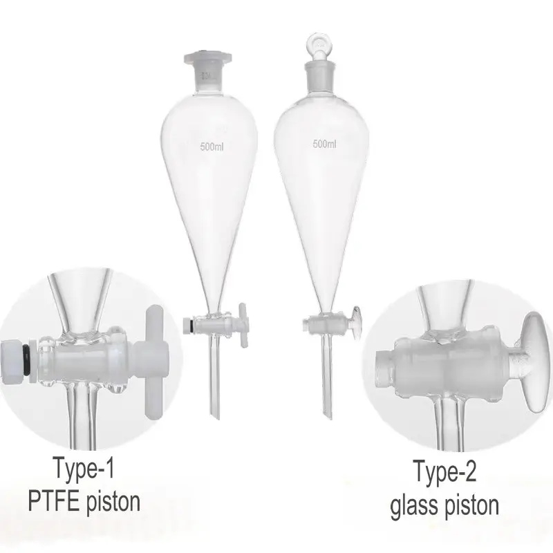 1piece PTFE/ GLASS Piston Pear-Shaped Separation Funnel 60ml/125ml/250ml/500ml/1000ml Elliptical Drip Funnel Lab Equipment