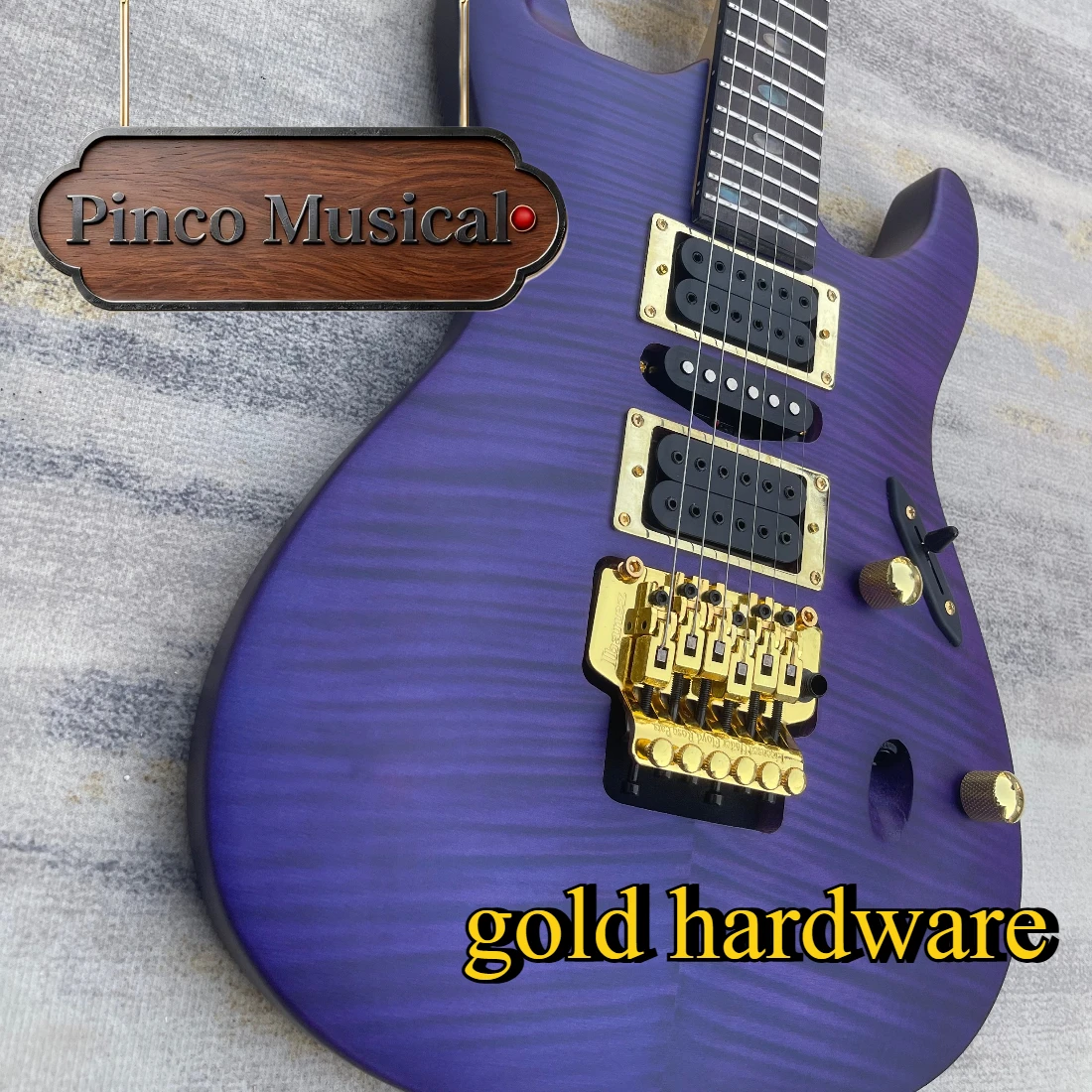2022 Stra Emperor Purple Flame Maple Top Electric Guitar, H-S-H Pickups Gold Hardware Tremolo Super Guitar