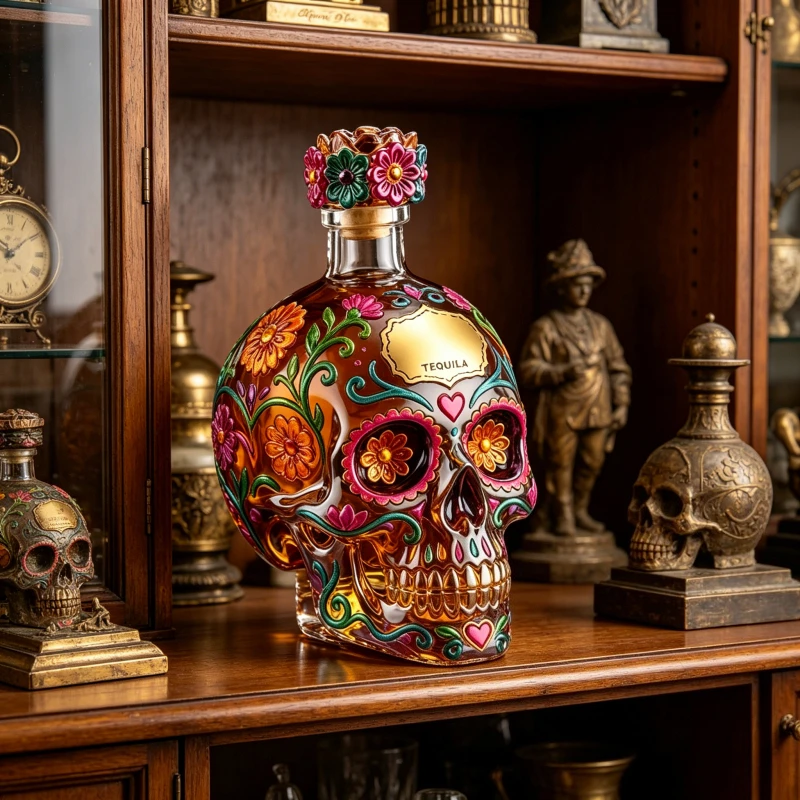 Day of the Dead Sugar Skull Tequila Bottle, Mexican Folk Art Glass Decanter for Bar & Home Decor