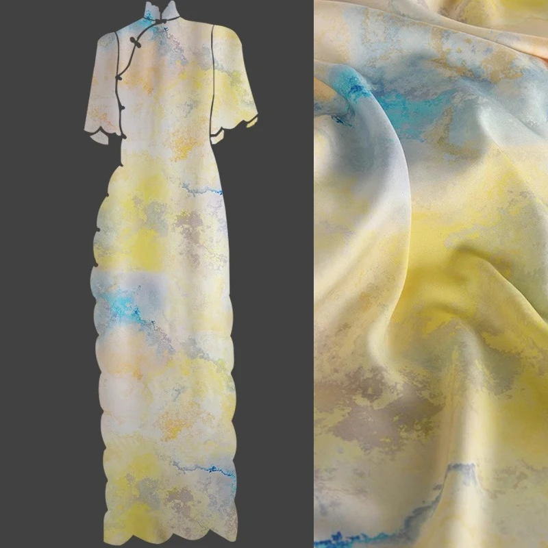 145CM Wide 200G/M 100% Rayon Fabric for Thin Dress Cheongsa Blouse,Beautiful Yellow Gray Blue Cloud Printed Fabric R454