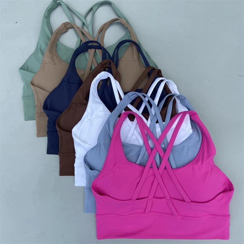 Solid Color Fitness Women Sport Bra Gym Yoga Vest Athletic Cross gym underwear Tight Tank Top Workout Train Soft With Chest Pad