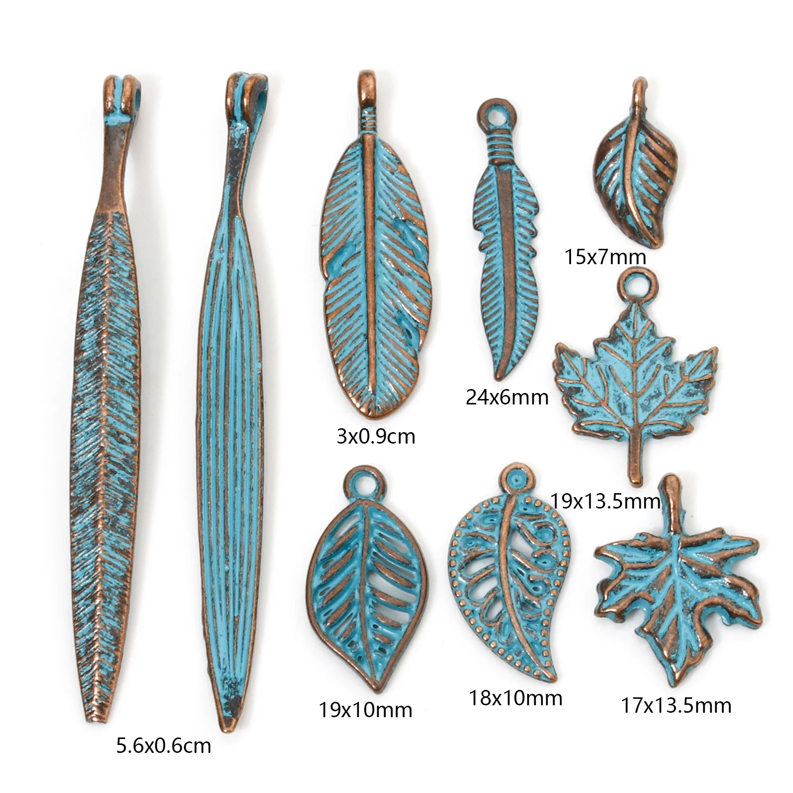 50/100 PCs Vintage Bohemia Charms Pendants Antique Copper Blue Leaf Feather Patina Pendants for Necklace Earrings Jewelry Making