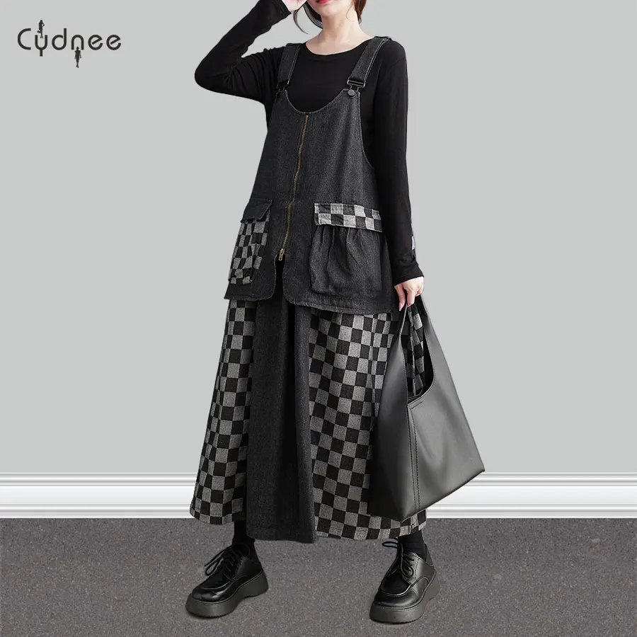 Women's Casual Solid A-Line Straps Overall Sunress Plaid Checked Black Patchwork Cotton Denim Strap Dresses