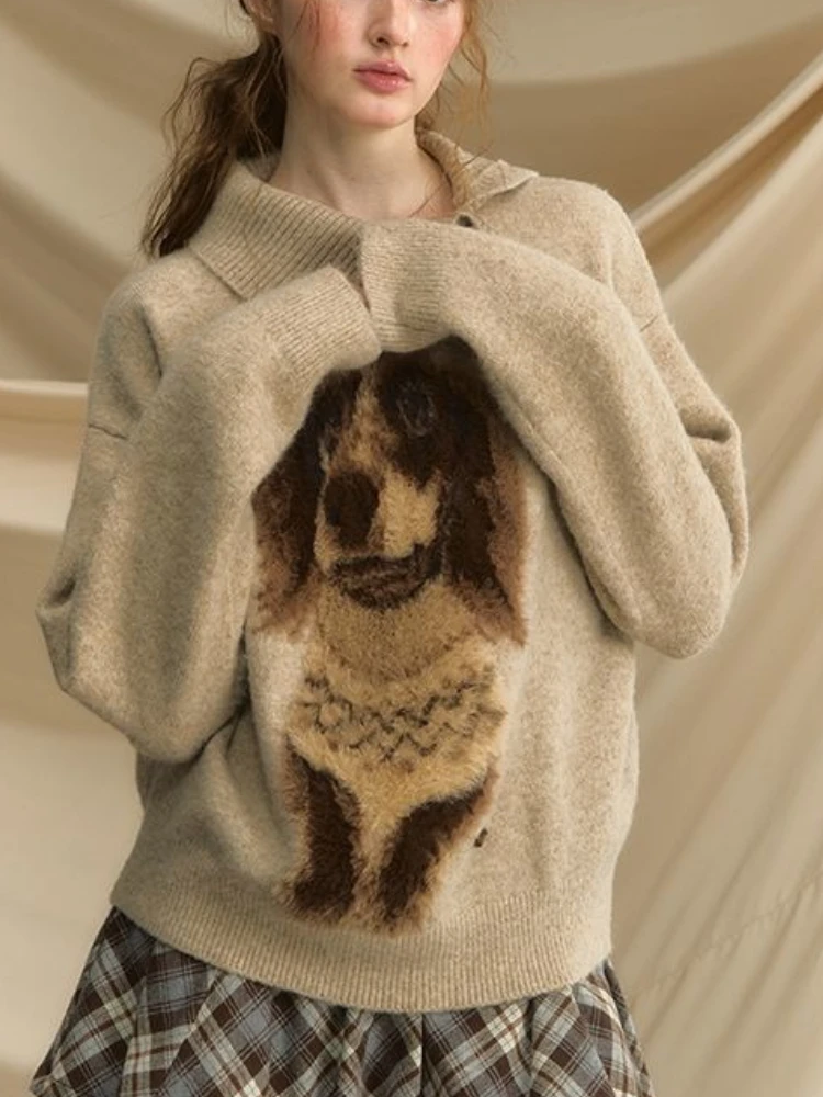 Sweat-shirt à manches longues pour femmes, Vintage français, élégant, Chic, graphique de chien, col incliné, tricot doux, hauts rétro décontractés, automne