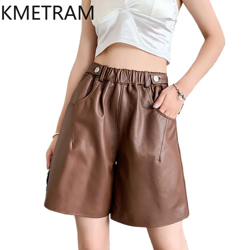 KMETRAM Real Sheepskin Genuine Leather Pants Womens Autumn Clothes Women Fashion High Waist Pants Knee Length Pants Карго 2024