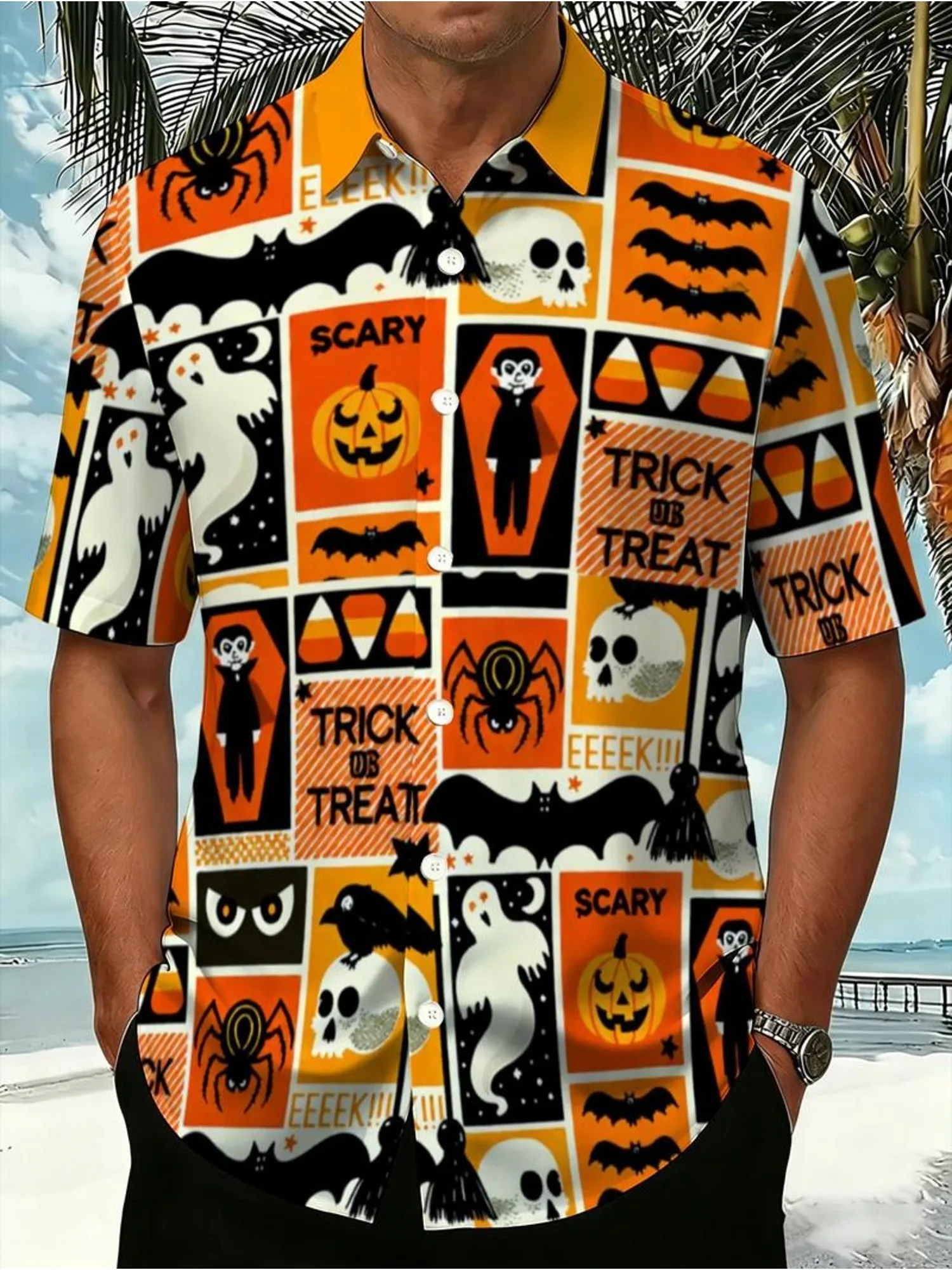 2026 Men's Shirt Halloween Patchwork Print Pumpkin Ghost Spider Skull Bat Pattern Short Sleeve Holiday Party Casual Men Clothing