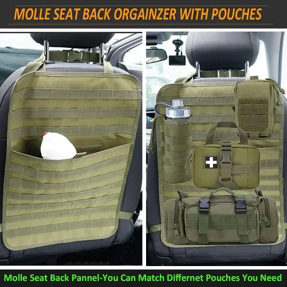 MOLLE Car Seat Back Organizer,Tactical Seat Back Panel with Pouches, Vehicle Storage Holder for Outdoor Camping & Emergency Gear