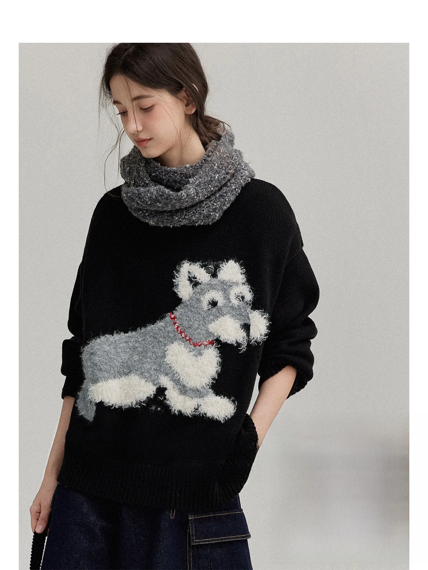 

Soft Cotton Blend Color Block Sweater for Women with 3D Dog Embroidery Retro Style Long Sleeve round Neck Loose Fit Autumn Wear