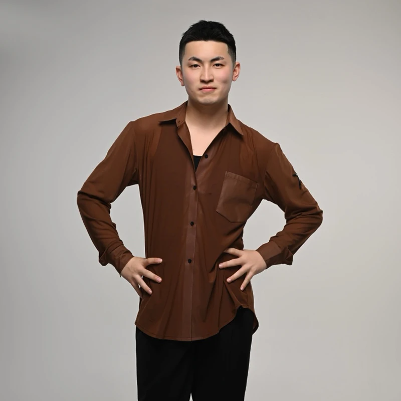 

Latin Dance Tops Men Long Sleeves Practice Clothes Male Rumba Modern Dance Clothing Adult Dancing Coffee Black Mesh Shirt XH2881