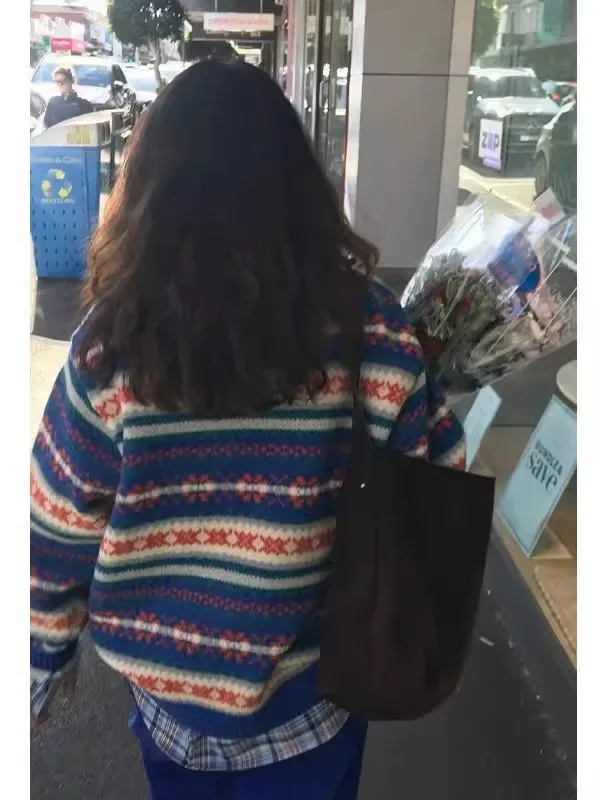 

Retro Aosphere Dongda Gate Autumn Winter Color Blo Knitted Loose Sweater Women round Ne Flower Pattern Sweet Sle