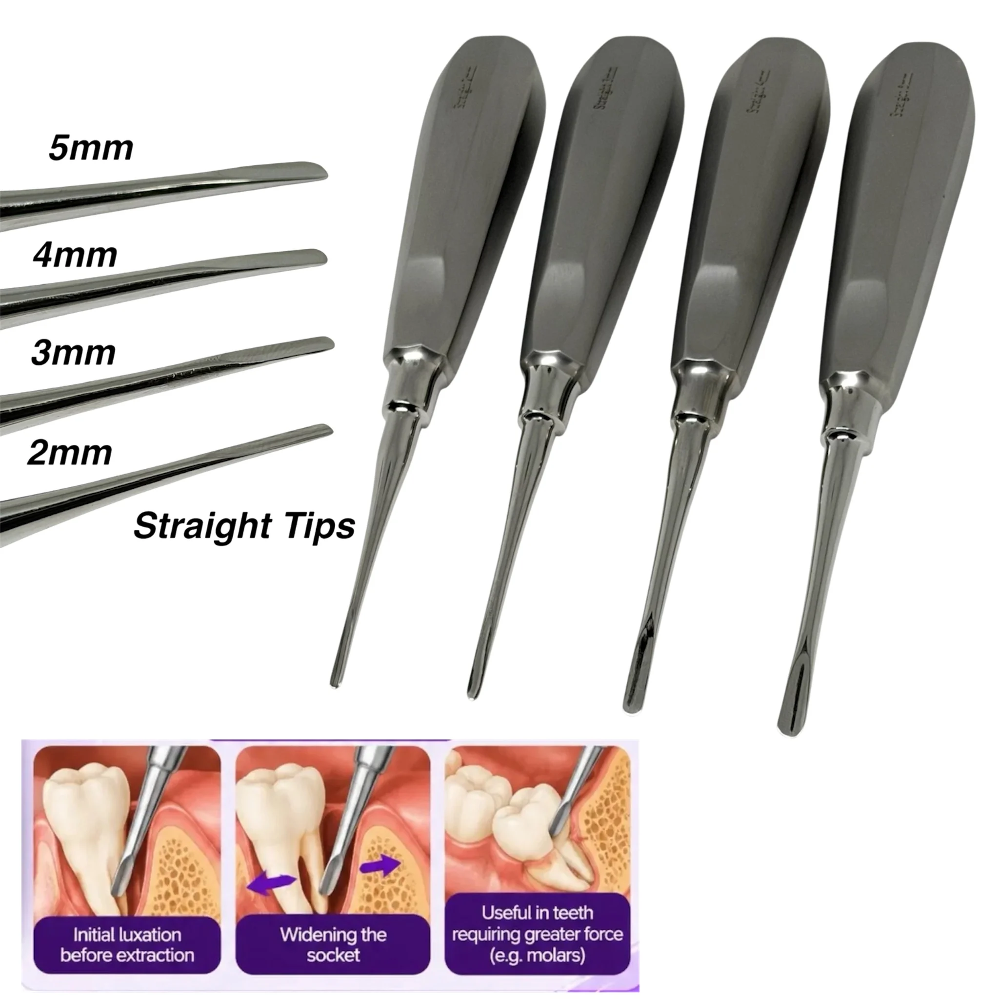 Dentafortis 1/4pcs Dental Straight Root Elevators 2mm/3mm/4mm/5mm Minimally Invasive Dentistry Elevators