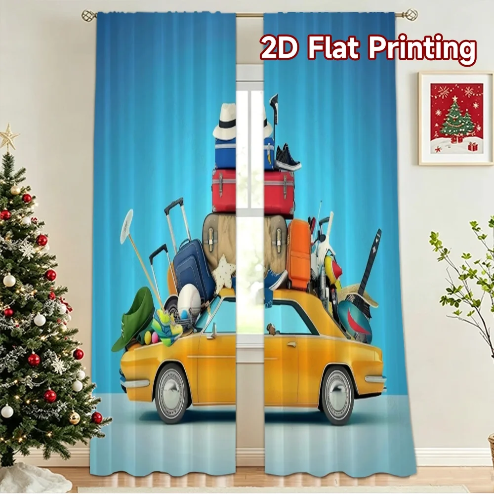 2D flat 2pcs Curtain Country Style Yellow Car With Luggage Durable polyester fiber Festive Curtains Use for New Year and