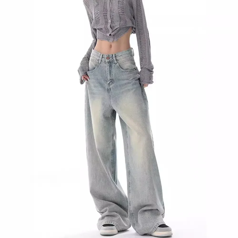 denim pant Women Jeans Vintage Distressed Wide Leg Pants Denim Wash Loose Fit 2025 Summer Pockets Solid Spliced High Waist