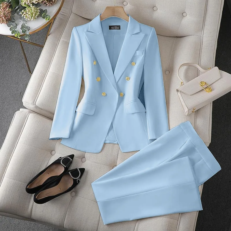 Korean Fashion 2 Piece Set Turn Down Collar Blazers Long Sleeve Slim Fit Pants Women Suits Office Lady Wear Pants Sets for Women