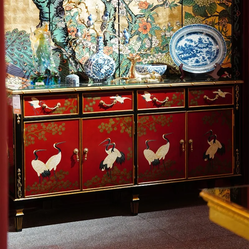 French Chinese style crane four-door side cabinet, entrance cabinet 182 * 44 * 94cm