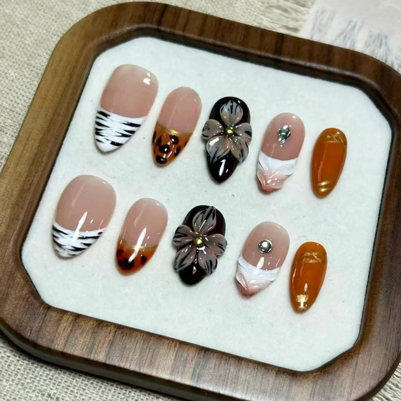 

24PCS Almond Shape False Nails with Leopard 3D Floral Gilt Press on Nails French Zebra Design Autumn Winter Sweet Cool Fake Nail