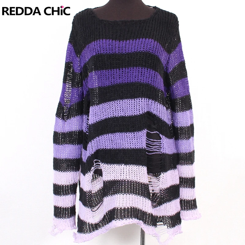 

ReddaChic Striped Hollow Knit Sweater Gradient Loose Casual Long Sleeve Holes Broken Jumper Top Punk Gothic Fall Women Clothes