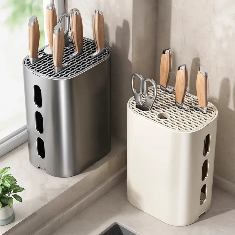 Aluminum Alloy Kitchen Knife Holder,Countertop Accessory Storage Rack,Knife and Scissors Organizer,Breathable Drainage Shelf