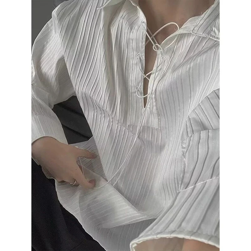 Fall Men Drawstring Long Sleeve Shirt French Palace Style Fashion All-match Business Casual Loose Clothes Blouse White Halloween