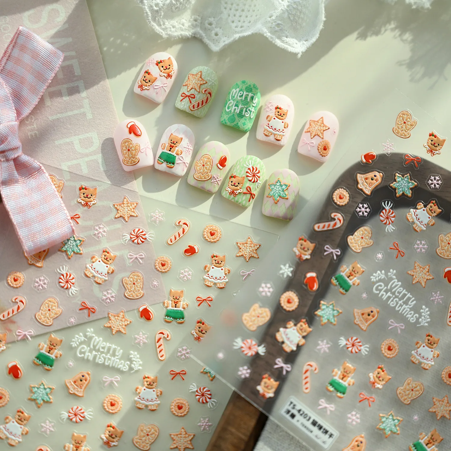 Navidad lindo galletas caramelo copo de nieve campana guantes gato pan de jengibre Bowknot 5D pegatinas de Arte de uñas en relieve calcomanías de manicura de Navidad