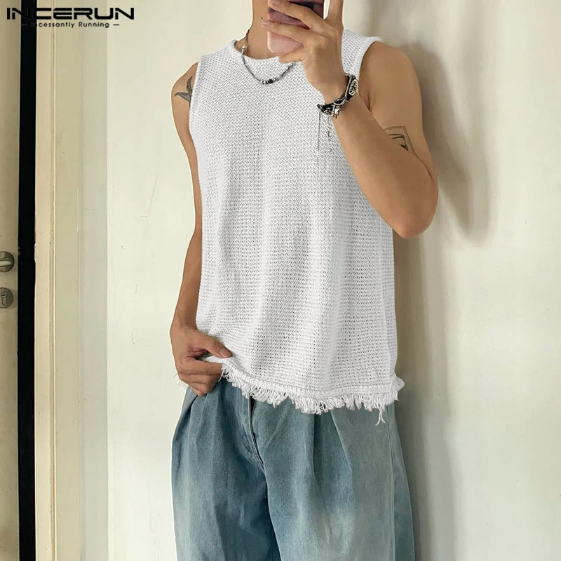 INCERUN Men Tank Tops Solid Color Tassel Backless Hollow Out Male Vests Summer Sleeveless 2026 Fashion Men Clothes Tops For Man