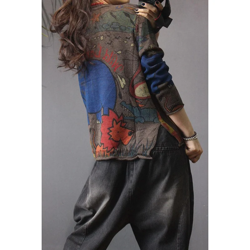Vintage Printed Button Loose Casual Cardigan Sweaters Women's Clothing 2023 Autumn Winter Oversized Knitted All-match Tops