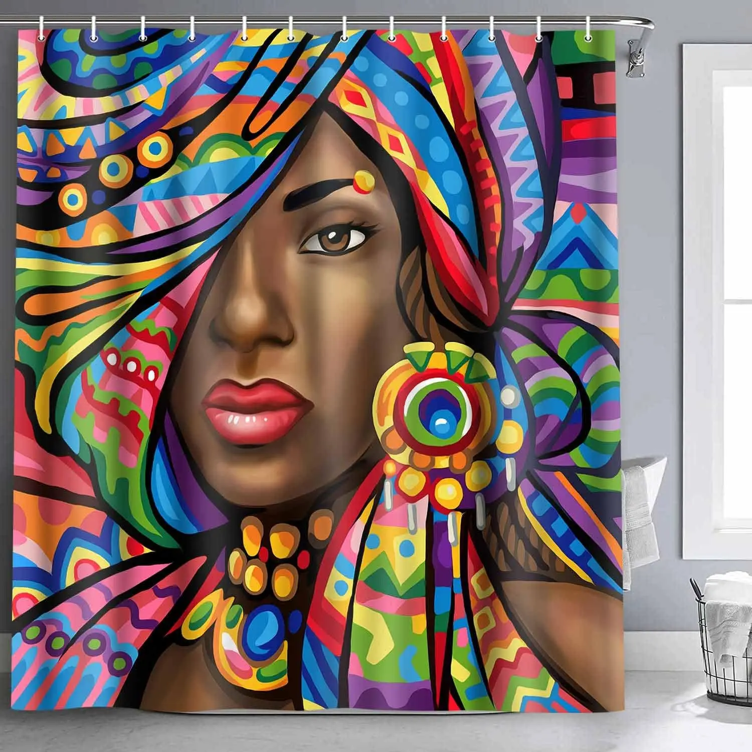 

"Beautiful African Portrait Shower Curtain – Colorful Ethnic Art Design, Cultural Decor with Vibrant Patterns, Waterproof Fabric
