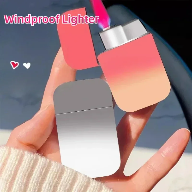 New High-value Gas Lighters Pink Flame Windproof Ultra-thin Body Metallic Inflatable Lighter Cigarette Accessories Men's Gifts