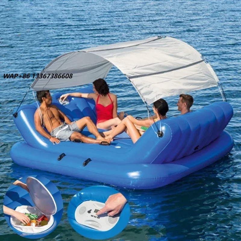 Factory customized floating island four-person inflatable bed with awning large inflatable bed