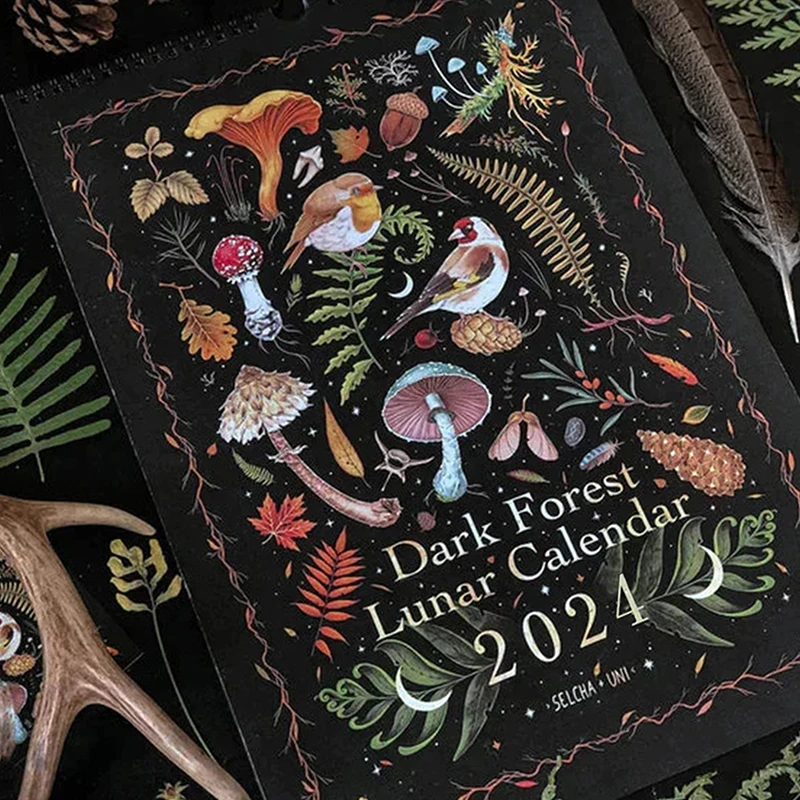 2024 kalender hutan gelap kreatif ilustrasi dinding Lunar kalender tahan air warna tinta cuci seni astrologi bulan kalender hadiah