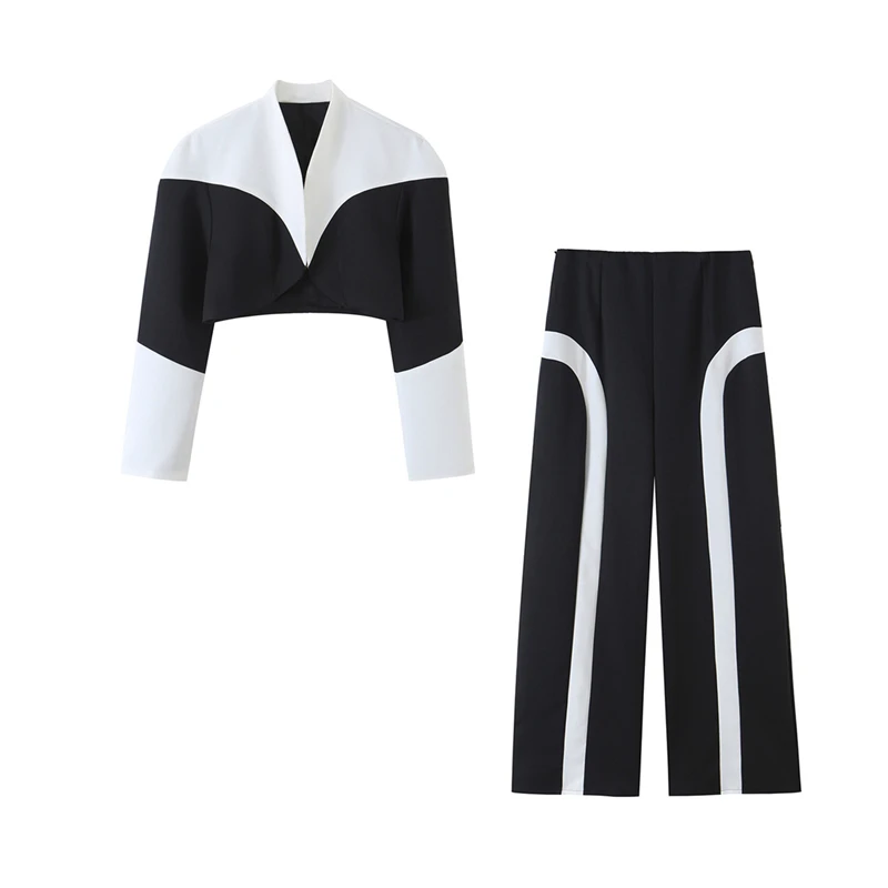 KEYANKETIAN 2026 Autumn Women Black White Color Block 2Pcs Set V Neck Cropped Jacket High Waist Wide Leg Pants Fashion Outfit