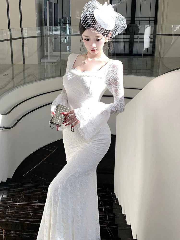 Herbst Winter Weiße Spitze Jacquard Flare Hülse Langes Kleid Frauen Elegante Bogen Quadrat Kragen Prom Kleid 2025, Koreanische Luxus Vestidos