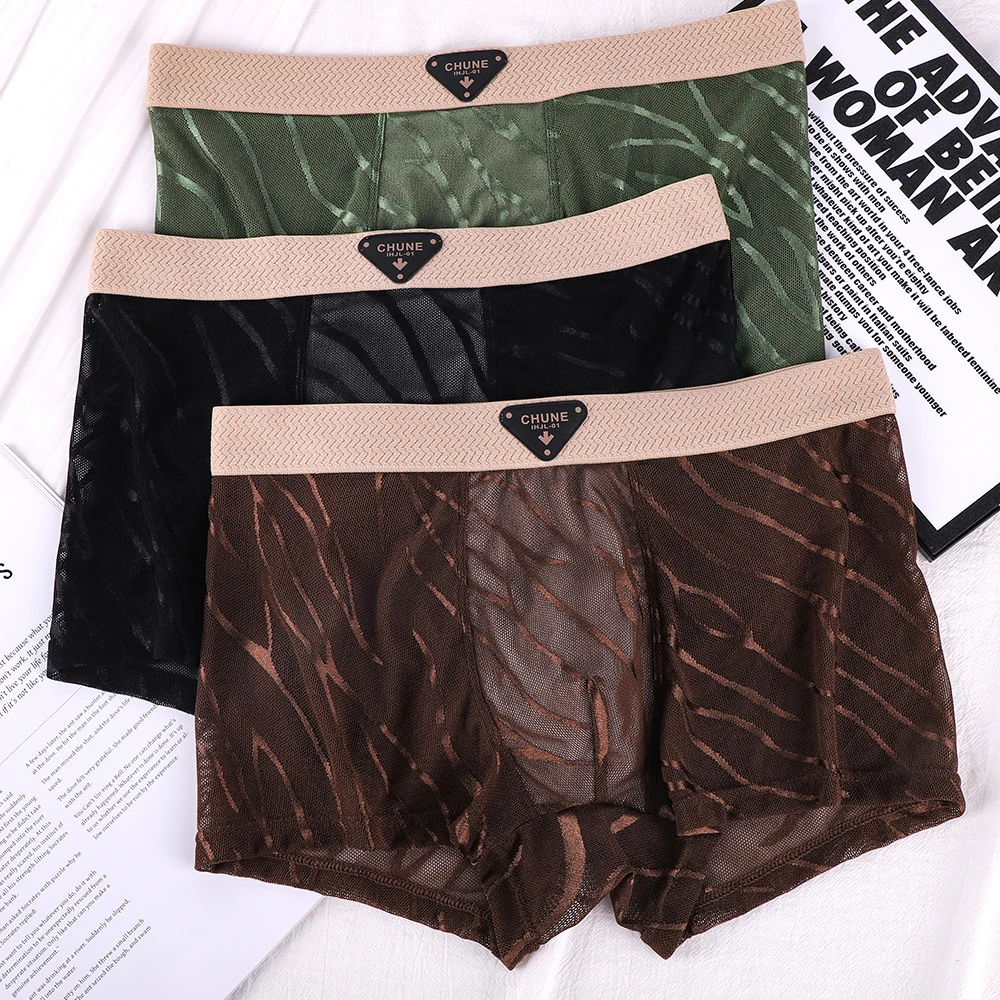 

1/3 PCS Sexy Translucent Mesh Breathable Men's Panties Ice Silk Irregular Striped Boxers High Elastic Seamless Underwear Arrival