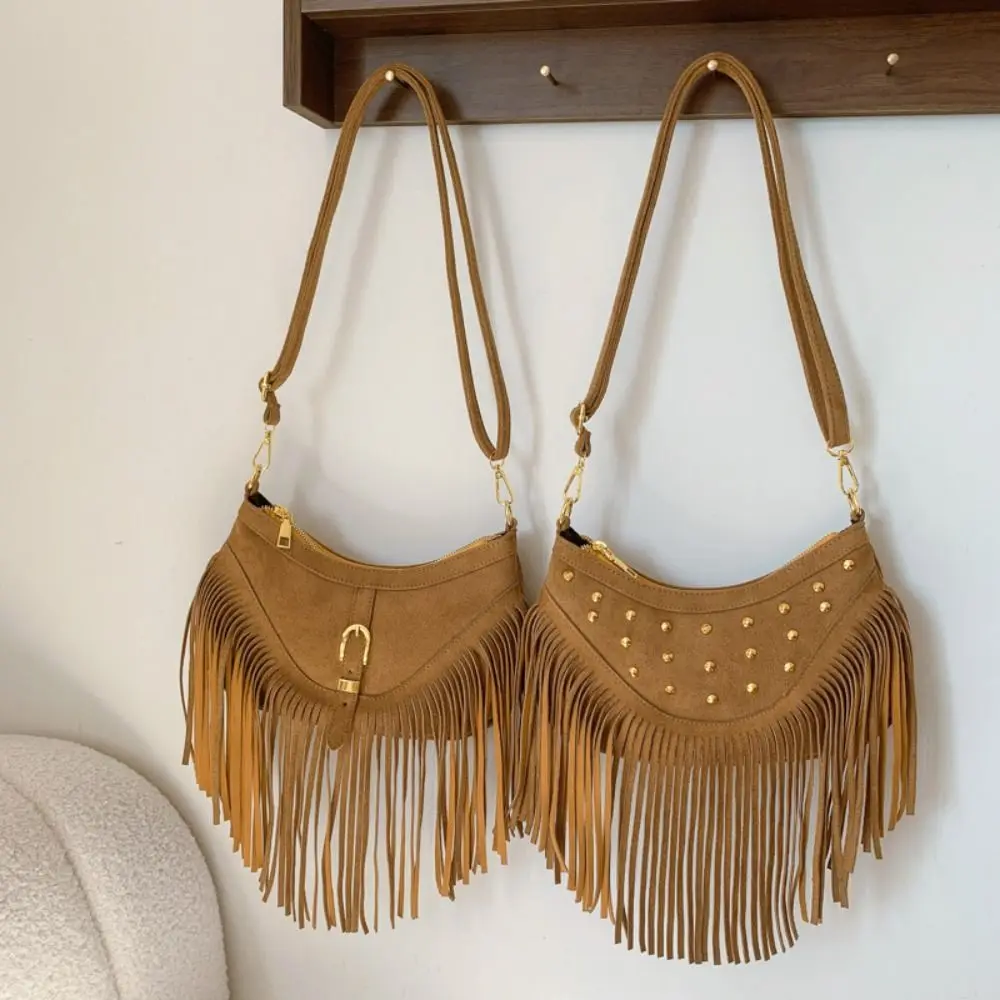 

Korean Style Tassel Shoulder Bag Rivet PU Leather Suede Crossbody Bag Vintage Bohemian Style Ethnic Style Handbag Office Worker
