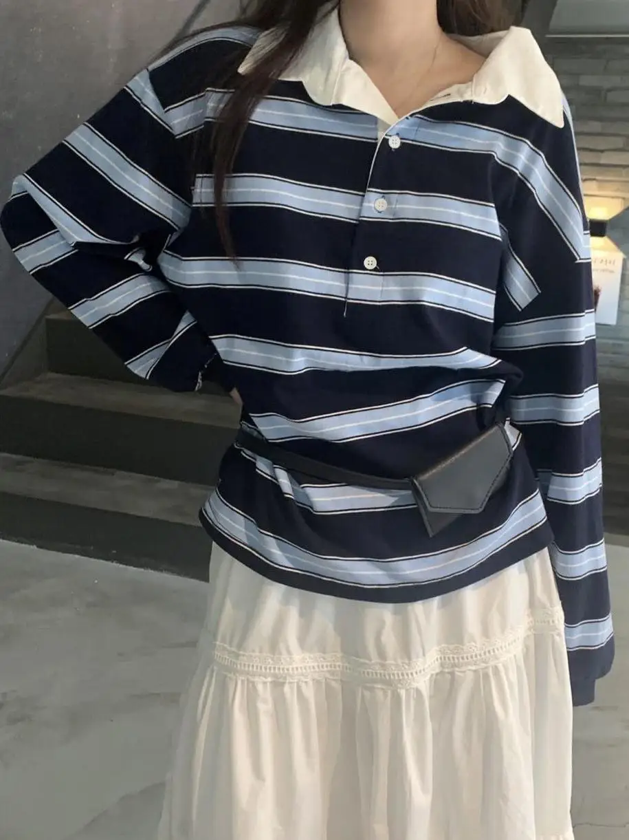 

Chic Korean Lazy Striped Long Sve Ne T-irt Women's Loose Casual Autumn Design Color Colion Ci Walk Top