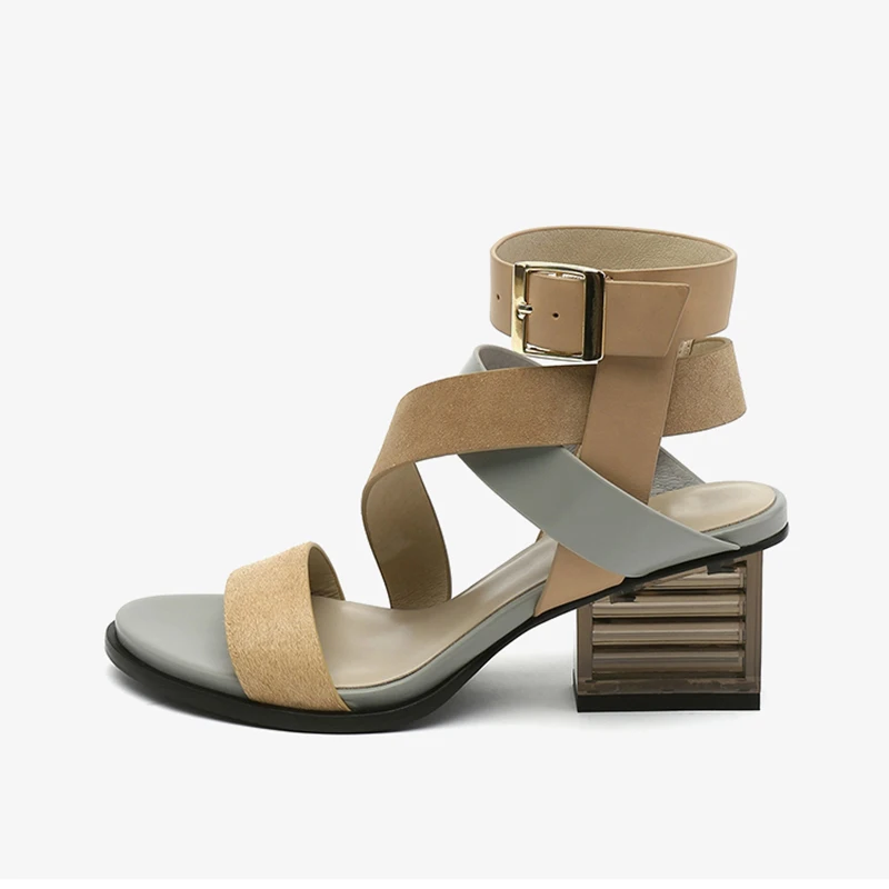 2022 New Gladiator Sandals Women Mixed Color Cross Strap Transparent Square Heel Genuine Leather Narrow Band Shoes Women Sandals